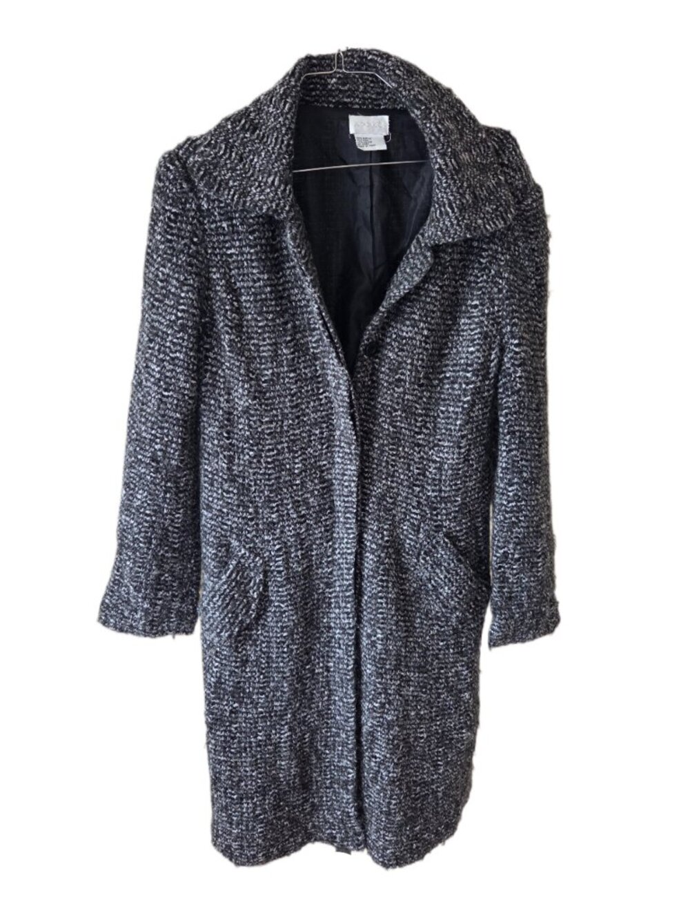 Adore Classic Salt and Pepper Long Tweed Coat, Wide Notch Collar, Pockets